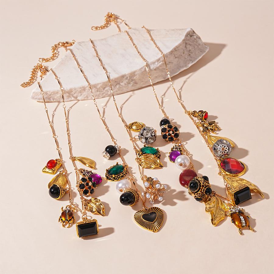 Retro Inlaid Diamond Heart & Insect Geometric Necklace for Women - Exaggerated Multi-Element Design