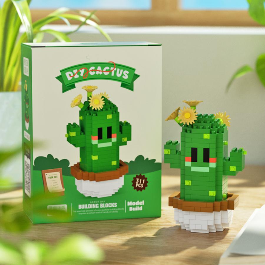 Cute Cactus Potted Plant, Building Blocks, Plant Micro Particle Assembly Model, Children's DIY Toy, Christmas Gift