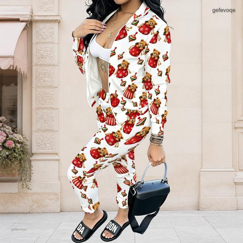 Women Plus Size Stand Collar Long Sleeve Zip Jacket And Pants White Teddy Bear Printed Two Piece Set