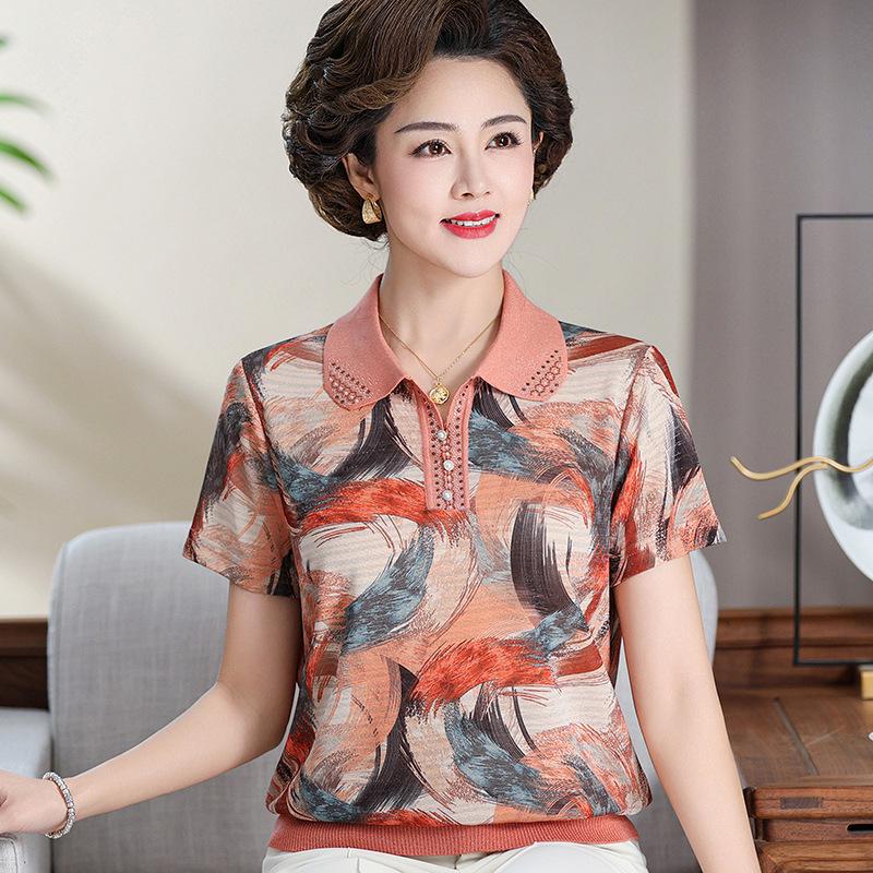 

Elegant Ice Silk Short-Sleeved T-Shirt for Moms - Stylish Lapel Top for Middle-Aged and Elderly Women 5XL (75-82.5 kg) помаранчевий