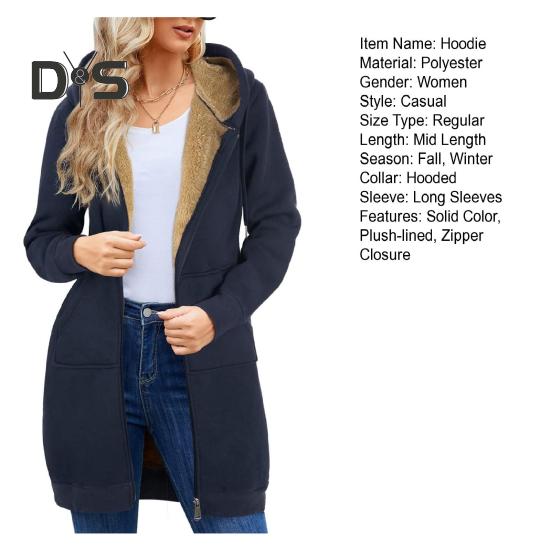 Damen Winter Hoodie Verdickte, mit Plüsch gefütterte, langärmlige Oberbekleidung Mittellanger, einfarbiger Kordelzug-Reißverschlussmantel für den täglichen Arbeitsweg