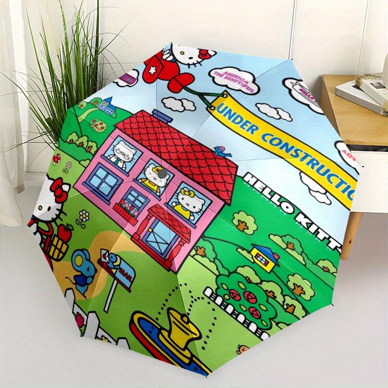 

Hello Kitty House Under Construction Durable Cartoon Folding Umbrella, Portable 3-Fold Compact Umbrella for Men and Women, Suitable for Travel or Dail