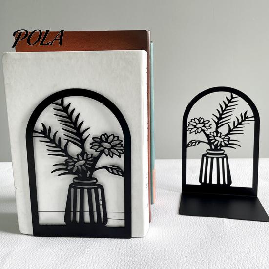 L-shaped Bookend 1 Pair Flower Metal Bookends, Decorative Vase Book Ends for Non-slip Shelves, Black Holder Stopper Home Office Reading Room