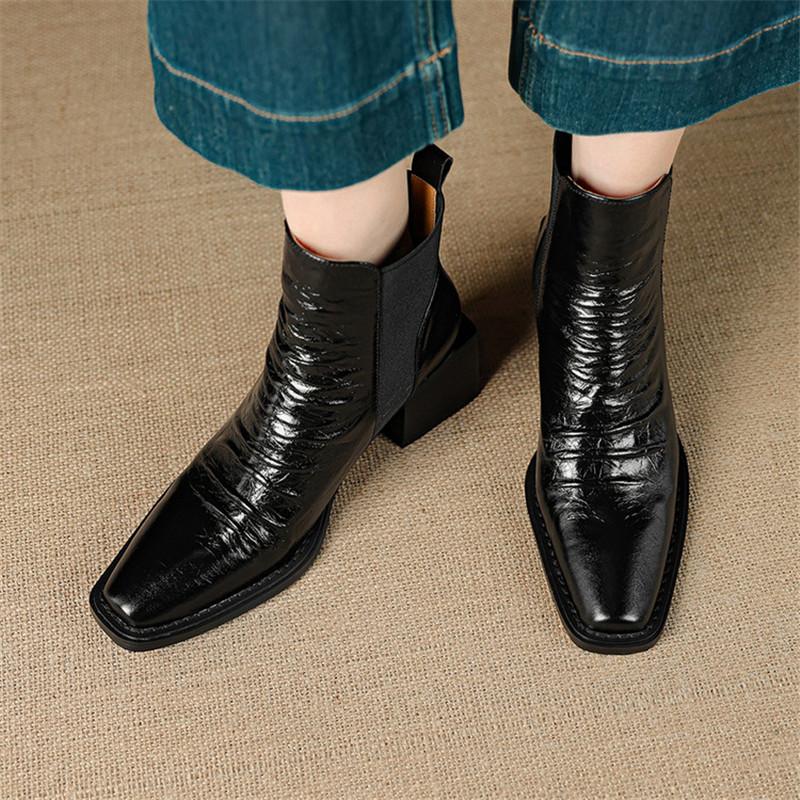 Fashion New Autumn/winter Genuine Leather Women Boot Square Toe Shoes for Women Fashion Boots High Heels Short Boots Black Handmade