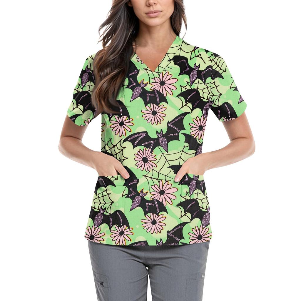 Damskie urocze ubrania do pracy z nadrukiem dekolt V podwójna warstwa kieszenie podstawowy top z krótkim rękawem wkładany Walentynki