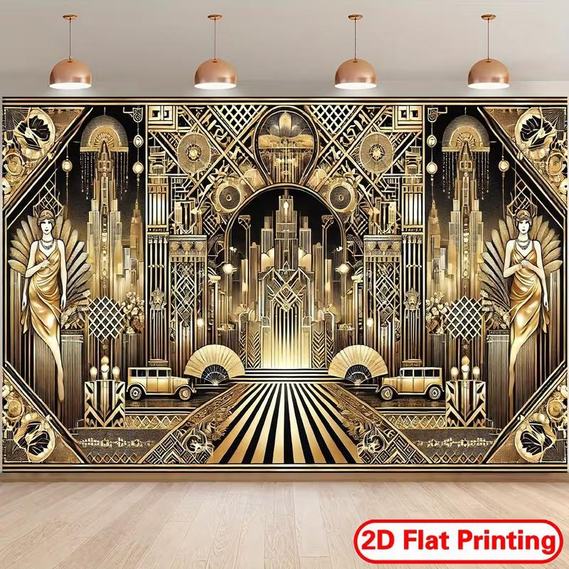 

2D Great Gatsby Art Deco Tapestry, Black Gold Roaring 20s Backdrop 47.2x31.5inch/120*80cm