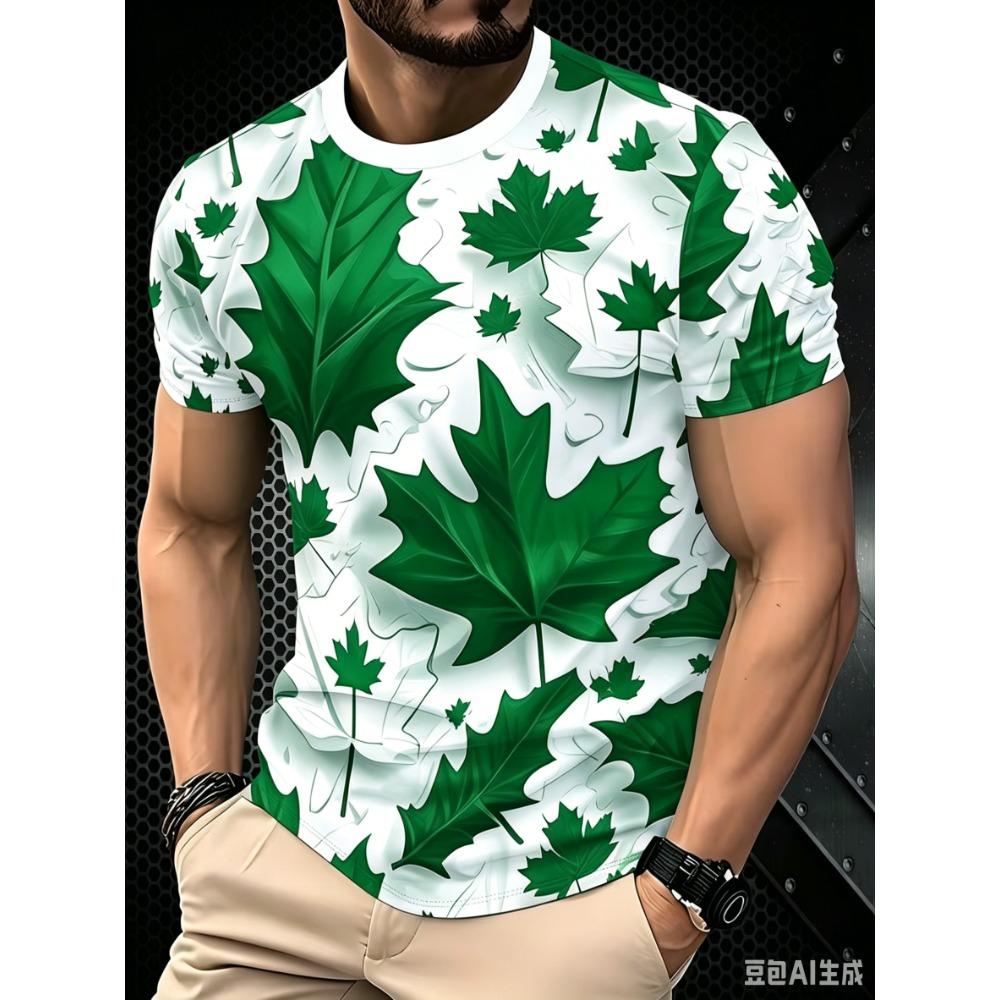 Canada Maple Leaf Flag 3D Print Men's T-Shirt, Fashionable Street Style Crew Neck Short Sleeve Casual Sports