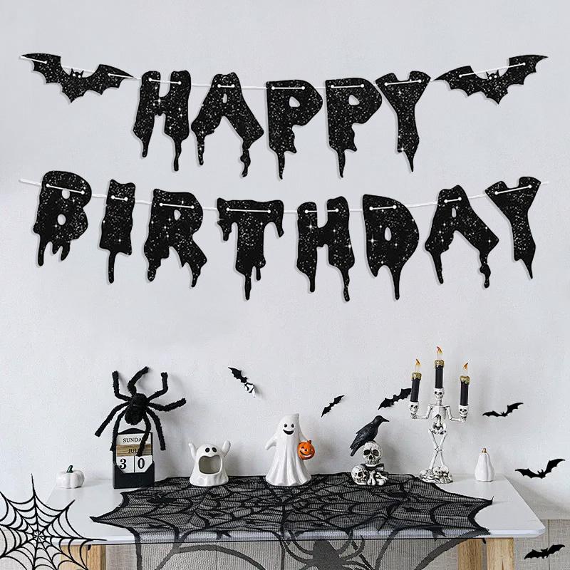 Black Bat Happy Halloween Paper Banner Hanging Garland 2025 Halloween Party Home Decoration Supplies Pumpkin Ghost Flag Props