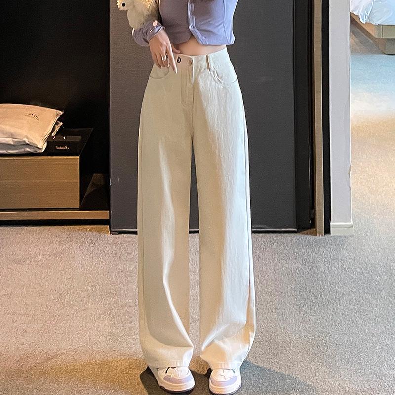 Spring 2025 Women's High-Waist Wide-Leg Jeans - Denim Blue, Slimming & Loose-Fitting, Floor-Length.