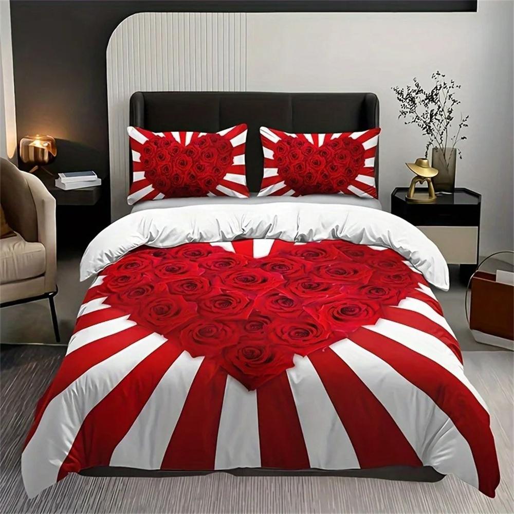 Romantic Red Love Rose Duvet Cover Set - Soft, Comfortable Perfect for Valentine's Day,Home,Dormitory,and Romantic Bedrooms