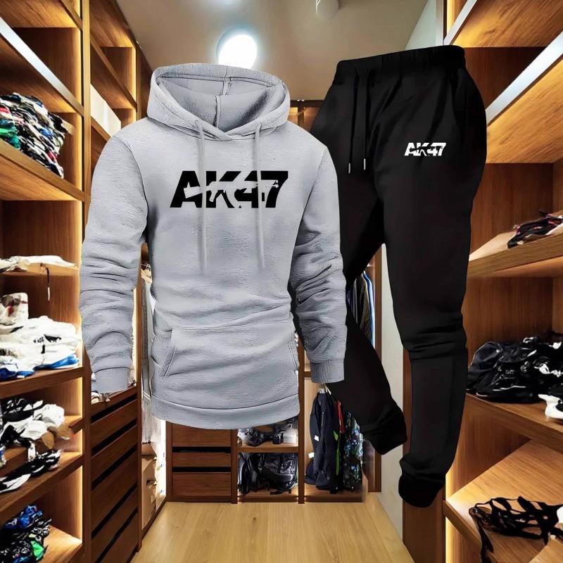 Mens Long Sleeve Hooded Sweatshirt Pants Set Letter AK Print Casual Sport Style Youth Fashion