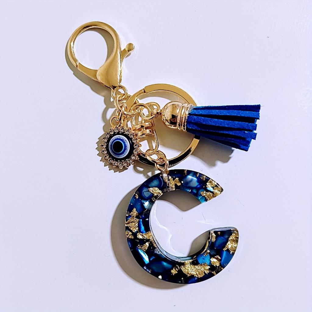 Blue Resin Initial Keychain - Evil Eye Letter Charm with Rhinestones & Tassel, Stylish Gift for Women, Lobster Clasp Accessory