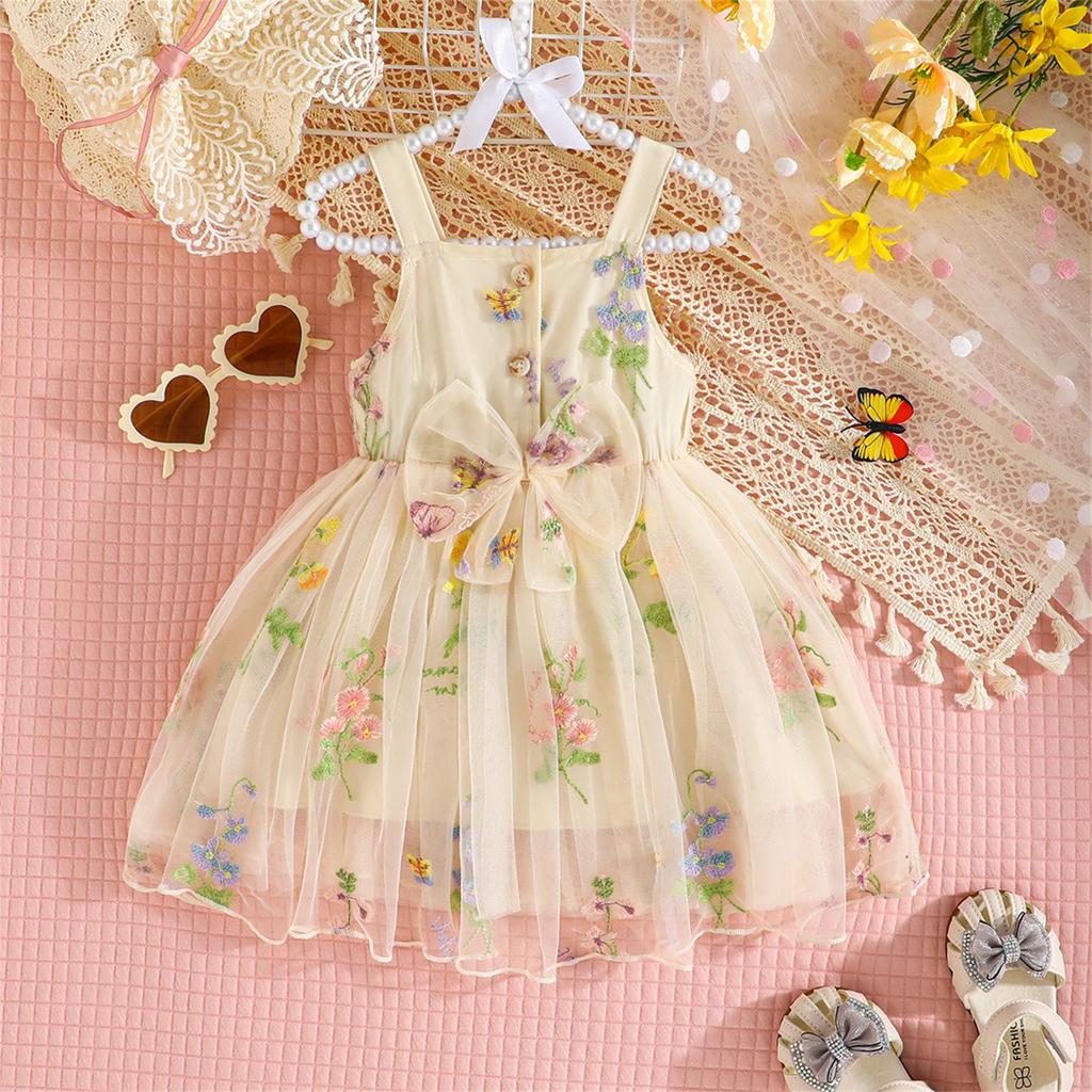 Summer Children Mesh Suspenders Girls Fashion Bow Cute Dress