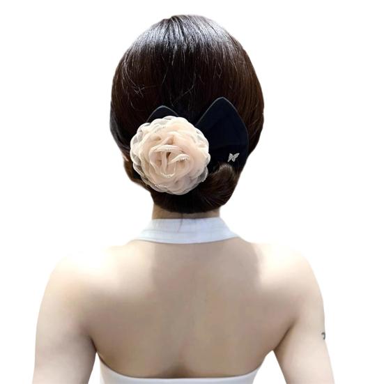 Hair Band Easy to Use French Spiral Hair Tie with 3D Mesh Yarn Flower Decor Wire Bun Maker Hair Accessories