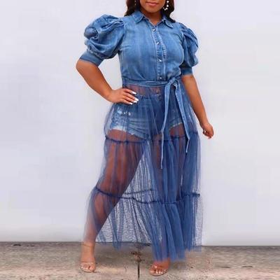 New European and American Large-size Women's Dress Cardigan Long Dress Temperament Commuter Blue Denim Spliced Mesh Skirt