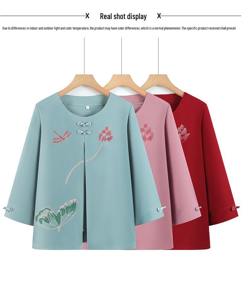 Mom's Stylish Chinese-Style Summer Top: Elegant Fake Two-Piece for Women and Grandmas