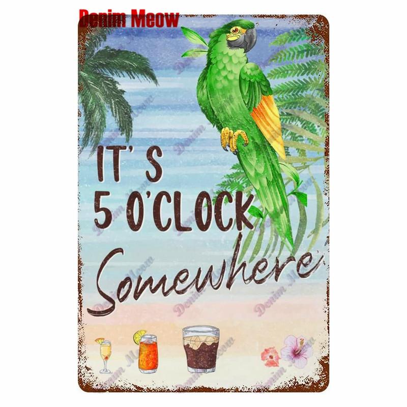Metal Tin Sign Wall Decor, Vintage Parrot Cocktail Bar Plates, Kitchen Painting Decor, It's 5 O'clock, WY23