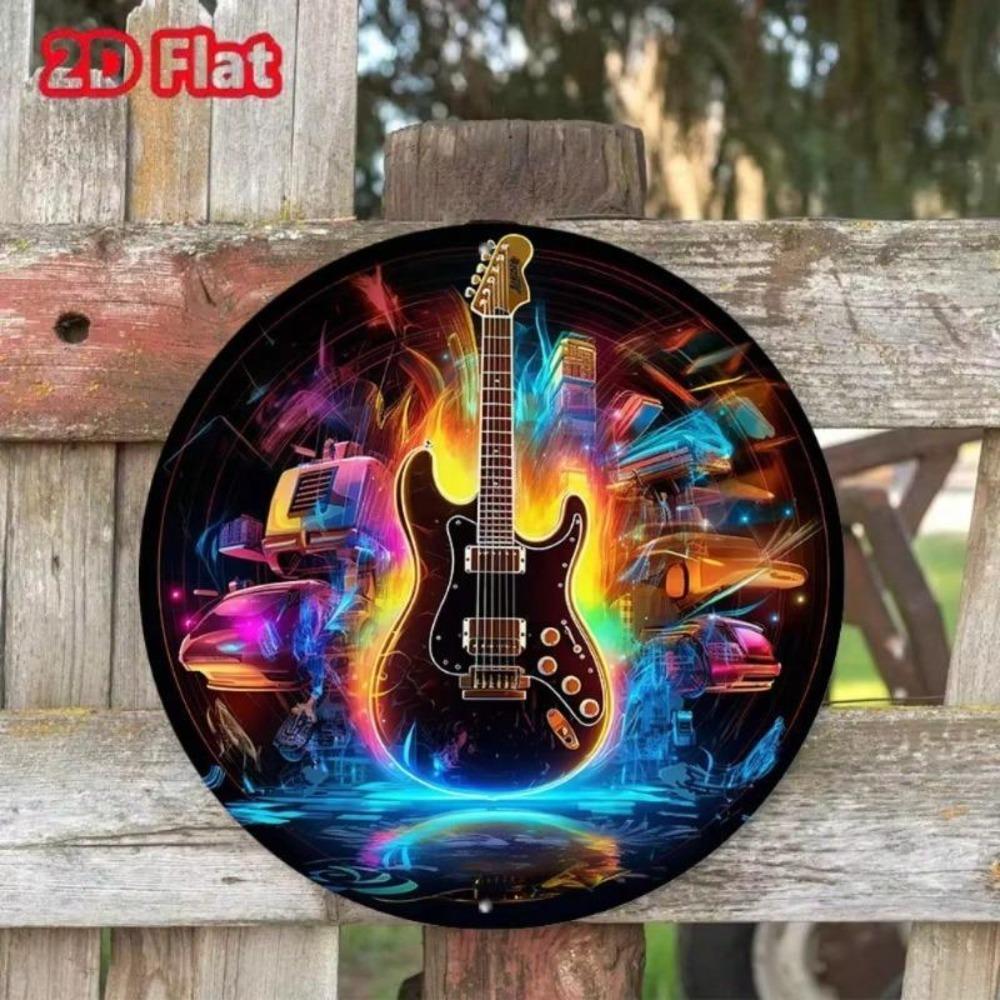 Rund Aluminium Neonskylt Med Musiknoter Gitarr Modern Väggkonst