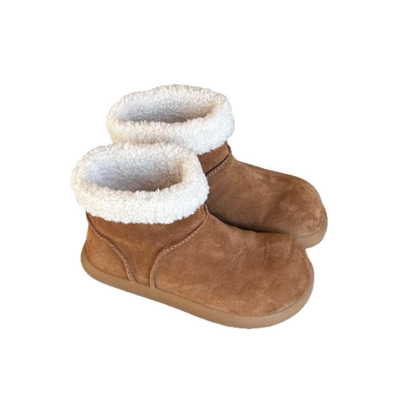 Cowhide version~ retro round head ugly cute short boots women's velvet low-top snow boots warm large cotton shoes thick-soled fluffy boots