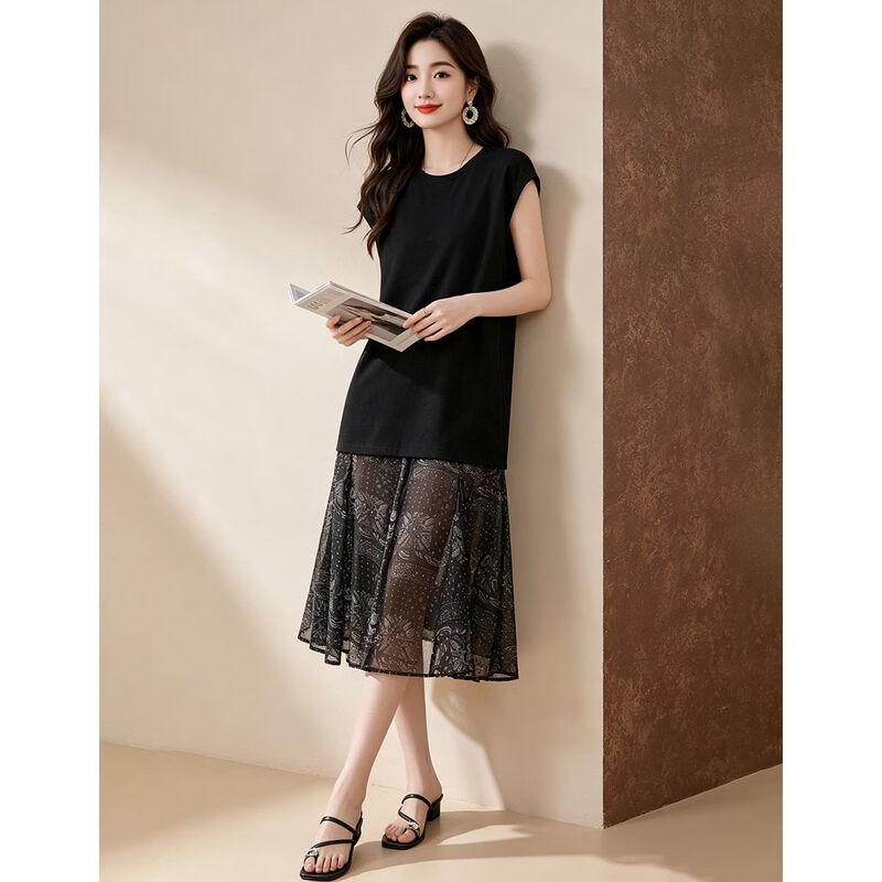 D.F.DEAR Women's Summer Black Mesh Patchwork Sleeveless Midi Dress