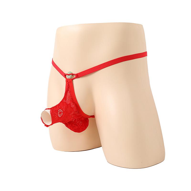 Sissy Lingerie Mens Lace Front Open Elephant Nose Underwear Low Rise T-Back G-String Bikini Thong Gay Penis Crotchless Underpant