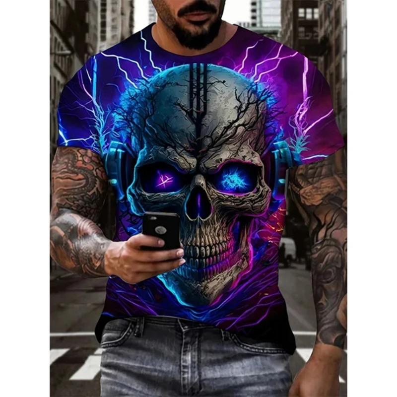 New Men's Horror Skull 3D Printed Print Retro Round Neck Short Sleeved Fashionable  T-shirt