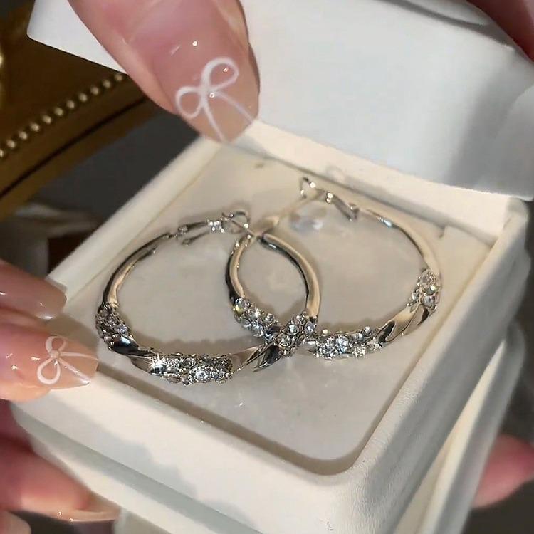 French Luxury Diamond-Paved Silver Hoop Earrings - High-End, Stylish, and Elegant