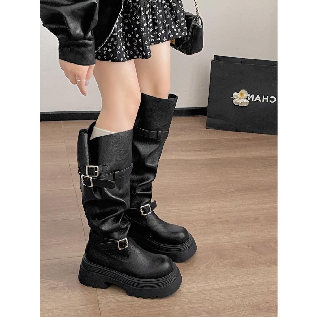 Black retro platform boots women's boots 2025 new autumn small slim versatile pile knight boots