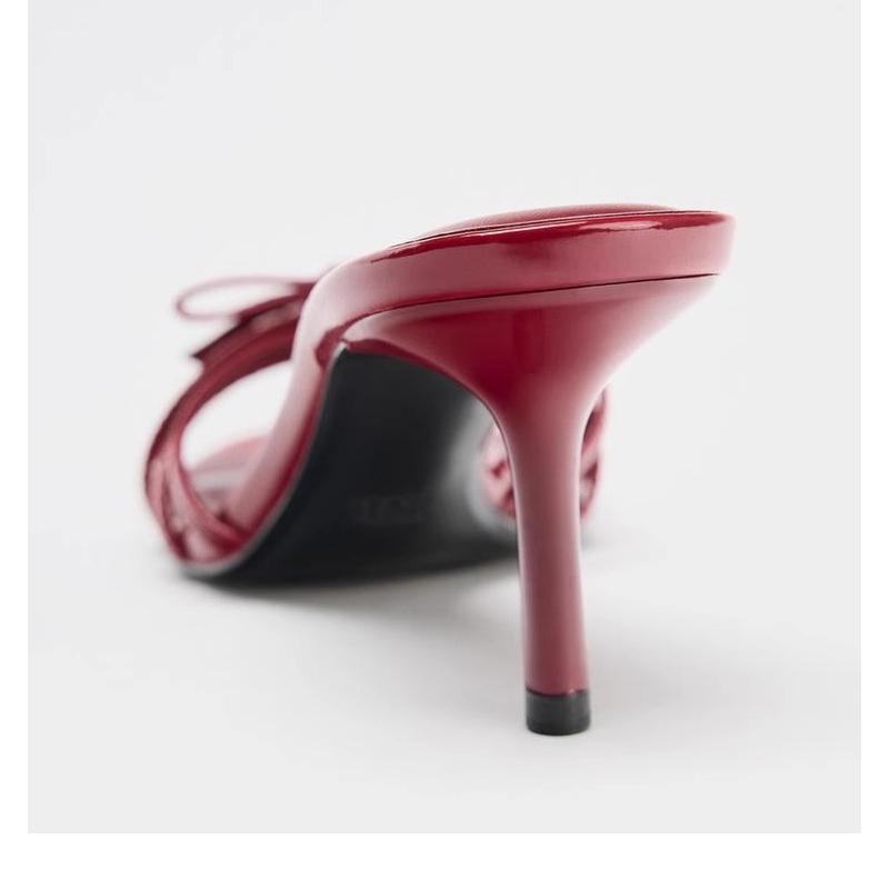 2025Wine Red High Heels Sandals for Women Square Toe Bowtie Decor Summer Outdoor Slippers  Thin Heeled Party Wedding Shoes