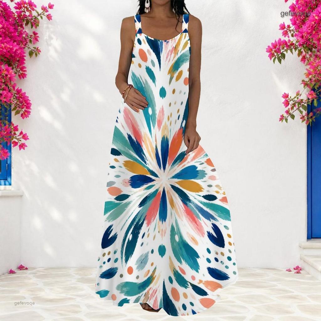 Women Plus Size Scoop Neck Strappy Sleeveless Printed A Line Maxi Dress