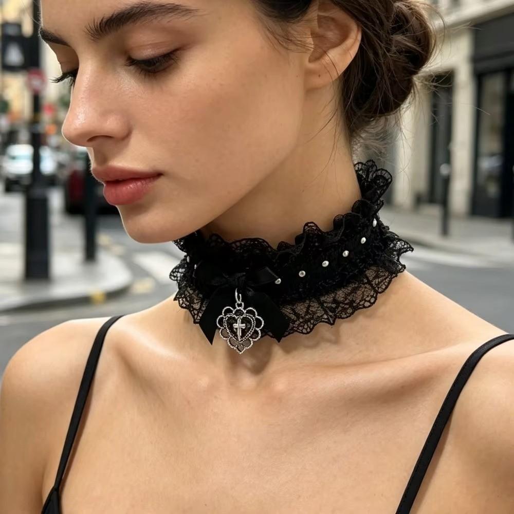 Bow Cross Heart Heart Pendant Necklace Vintage Y2K Collar Necklace Gifts Lace Necklace Daily Wear