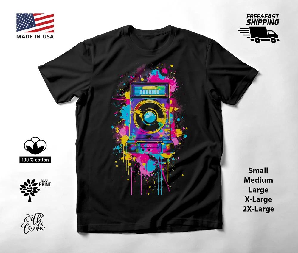 Retro Music Speaker Neon Graphic T-Shirt Black Unisex S-2XL
