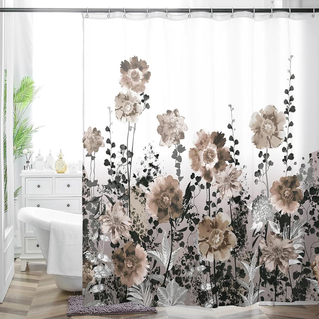 Cottage Floral Shower Curtain - Pink/Lavender Butterfly Design, Waterproof Washable Fabric, with Hooks, Modern Farmhouse Decor
