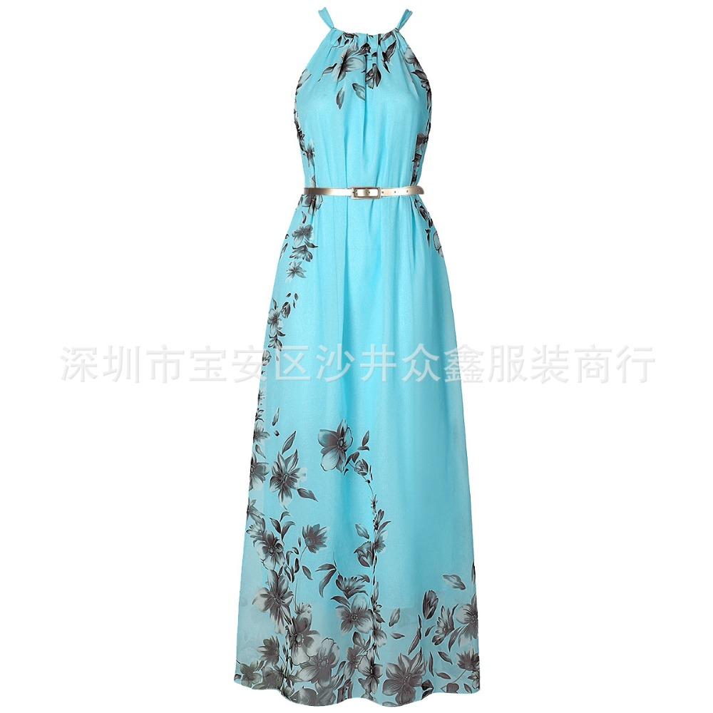 Women's Sleeveless Halter Straight Fit Loose Waist Fresh Floral Print Maxi Chiffon Dress