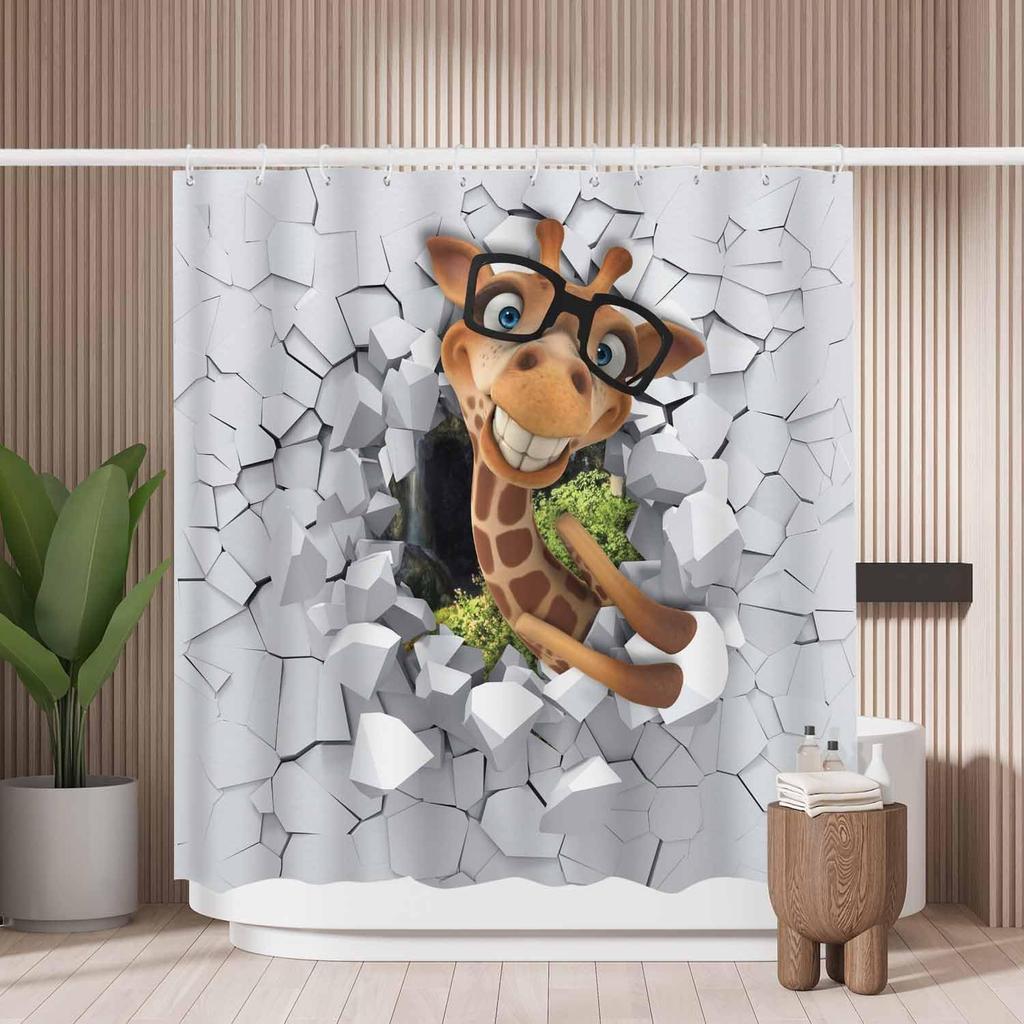 Süßer Cartoon-Giraffen-Duschvorhang Durchbrechende Wand-Design Badezimmer-Dekoration Lustiges Tier-Thema Wasserdichter Duschvorhang