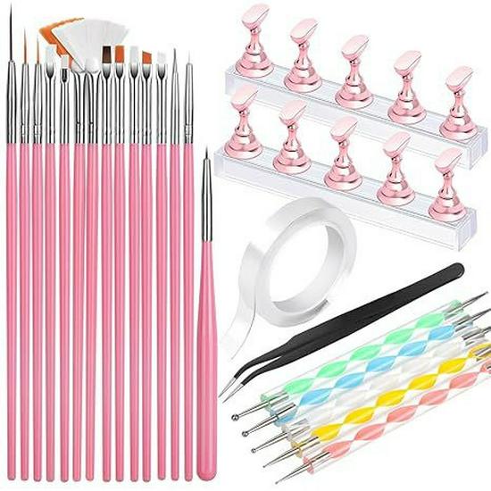 

Nail Art Brush Set: 23 Brushes, Double-ended Dotting Pen, Tape Tweezers