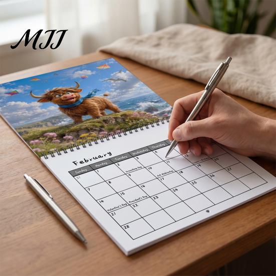 Large Grid Appointment Book 2027 Highland Cow Wall Calendar, 12-Month Adventure Themed Planner with Spiral Durable Coil Binding Calendar Binding,