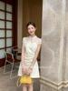 UONE2025 Summer Chinese Jacquard Cheongsam Dress with Frog Buttons and Hollow Waist Design