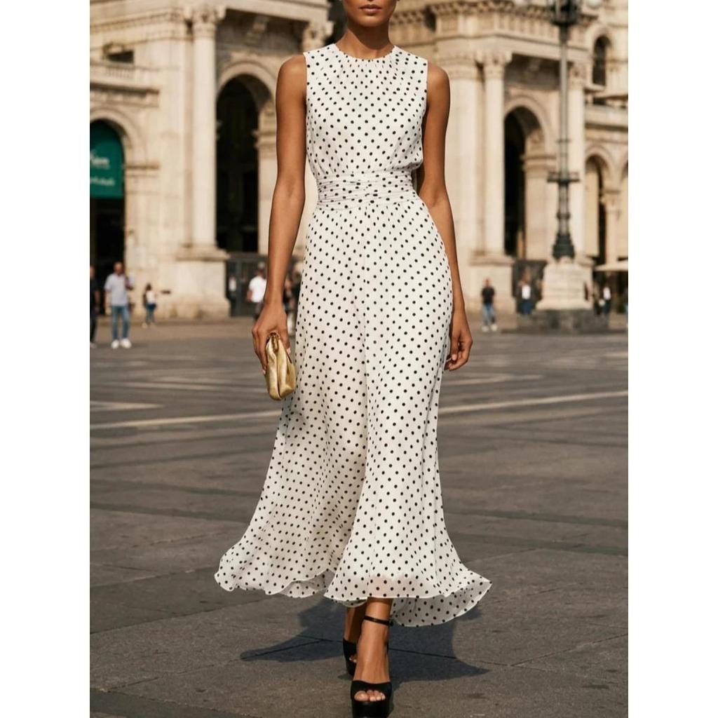 2026 Elegante Abito Lungo Senza Maniche a Pois per Donna, Abito Svasato A-line con Cintura in Vita, Casual Estivo e da Festa