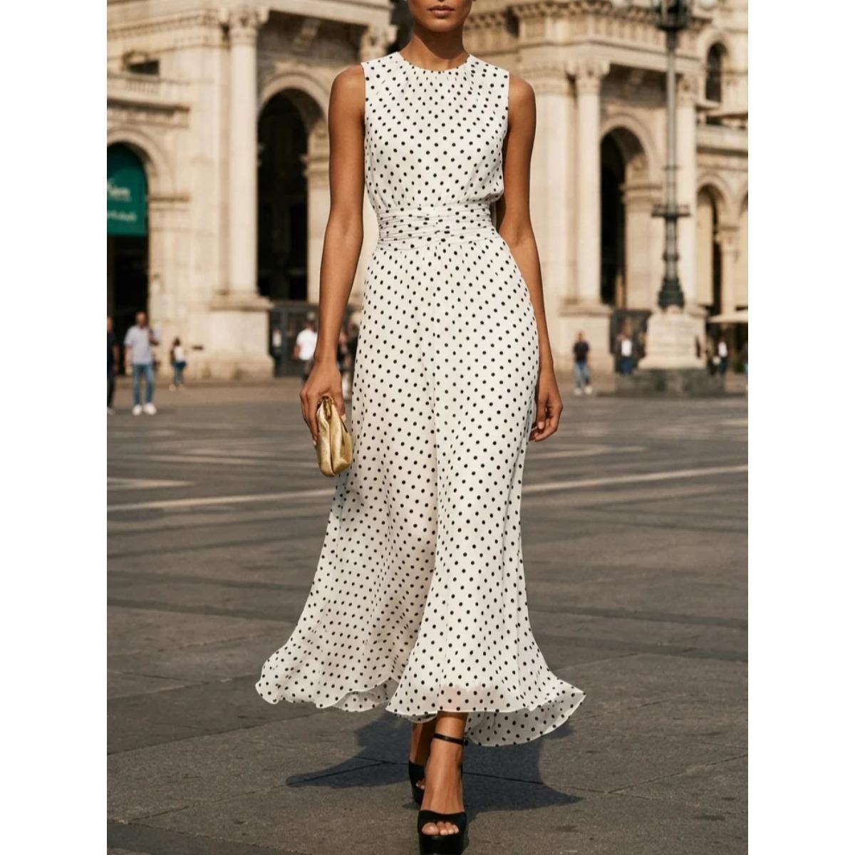 2026 Elegantes ärmelloses Maxikleid mit Polka-Dots für Damen, Taillengürtel, fließendes A-Linien-Kleid, Sommer-Casual & Partykleidung M weiß