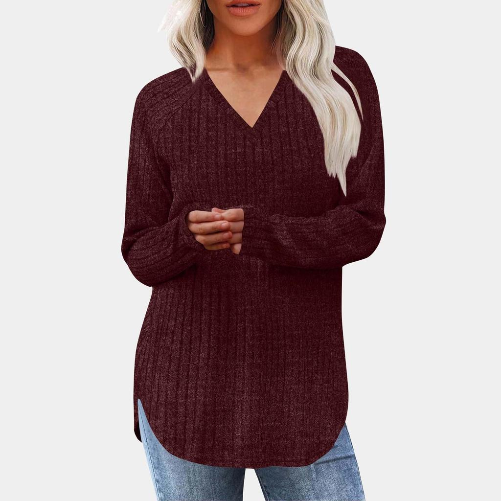 Women's Fashion Loose-Fit Long-Sleeved Knitted T-Shirt In Solid Colour Top