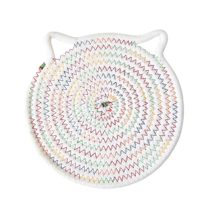 1Pc Cotton Rope Woven Insulation Pad Design Dining Table Tray Mat Insulation Pad Cartoon Cat Ear Shaped Solid Color Dining Table