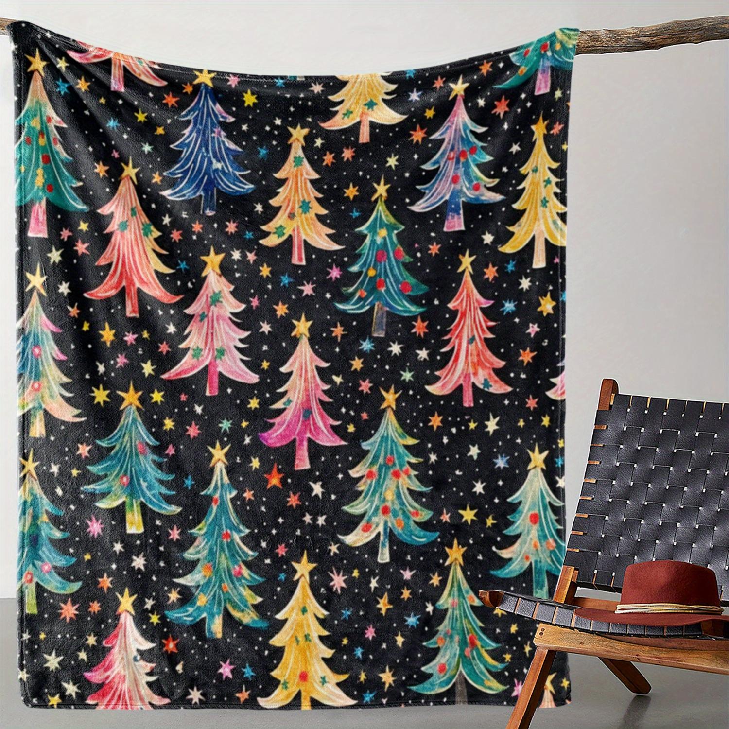 [Soft Vintage Christmas Tree Blanket] Vintage Christmas Tree and Stars Print Flannel Throw Blanket - Soft Cozy Warm Knitted Poly 75X95CM