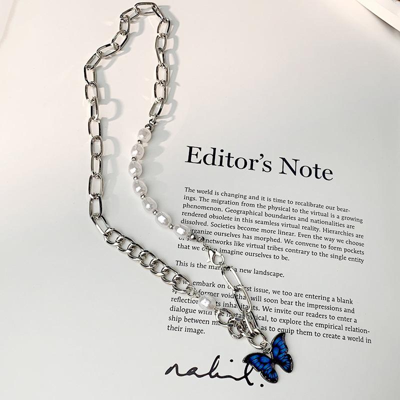 

Blue butterfly pearl splicing necklace female hottie frigid wind sweater chain sweet cool versatile collarbone chain