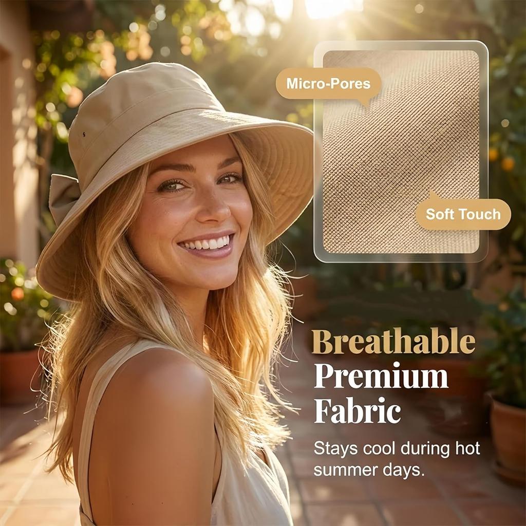 Damen Sonnenhut mit Schleife und breiter Krempe – Faltbar 360° Schutz UV-Schutz Atmungsaktiv Sommer Reise Strandhut