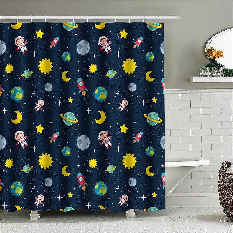 Space-Themed Shower Curtain Set With Astronaut Pattern For Home Decor In Navy Blue 180X240Cm Waterproof Fabric