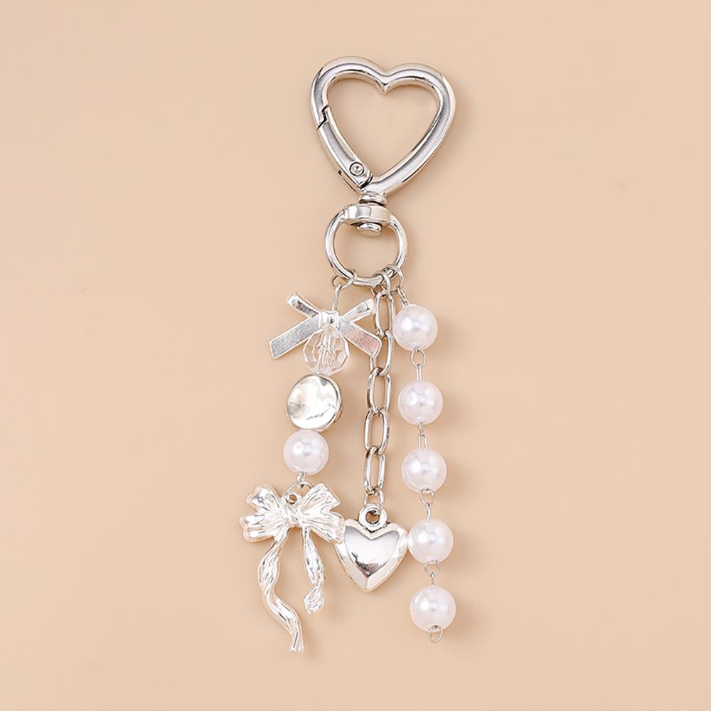 Cute Bowknot Love Heart Keychain Simulation Pearl Keyring Pendants for Women Girls Handbag Decor DIY Handmade Key Chain Gifts