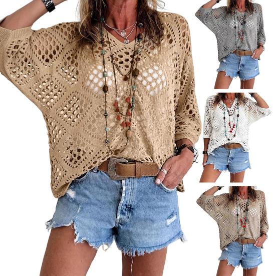 Women Tops Solid V-Neck 45720 Sleeve Knitting Color Loose Fit Cover