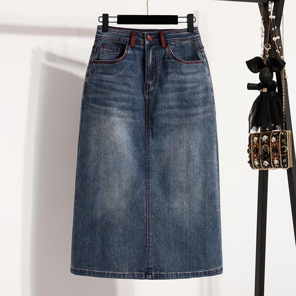 DIMANAF 2026 Summer New Plus Size Women Denim Skirt Elastic Waist A-Line Long Skirt Fashion Lady Bottoms Solid Blue
