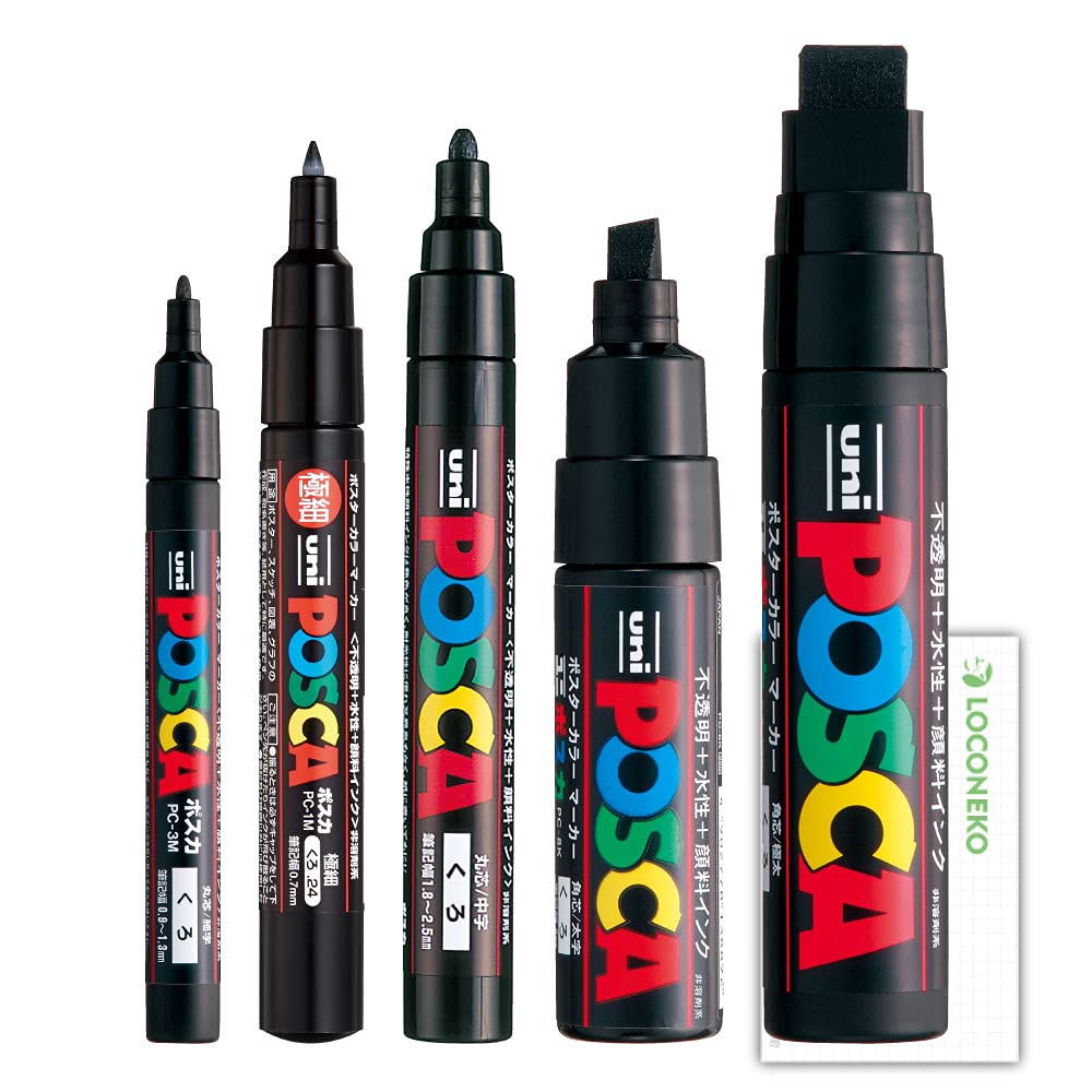 Mitsubishi Pencil Marker na bazie wody Posca Czarny PC-1M 3M 5M 8K 17K Pełna szerokość Zestaw 5 sztuk + Karta próbna Loconeco
